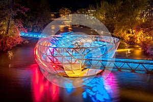 Grazer Murinsel at night, Graz, Styria, Austria