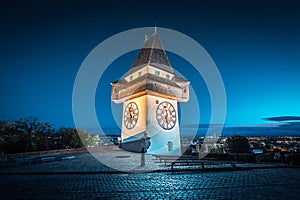 Grazer Uhrturm at night, Styria, Austria photo