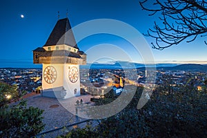 Grazer Uhrturm at night, Styria, Austria photo