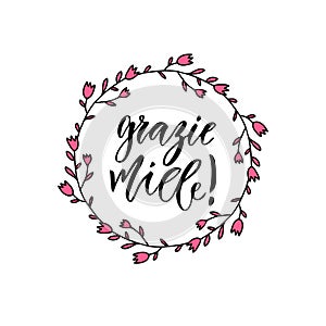 Grazie miele thank you very much in Italian. Inspirational Lettering poster or banner. Vector hand lettering photo