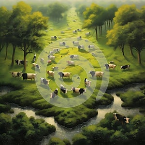 Grazing Cows Herd Enjoying Fresh Grass on the Glade. AI