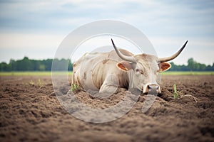 grazing oxen resting beside plowed field