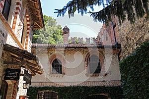 Old buildings in courtyard of ancient castle in Grazzano Visconti, Italy