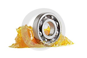 Grease and ball bearing isolated on white background with clipping path, lithium machinery lubrication for automotive and