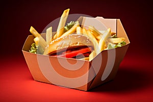 Greaseproof Tasty burger paper box with fries. Generate Ai