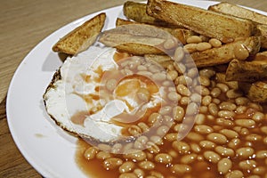 Greasy cafe meal of egg beans and chips. Poorly presented food.
