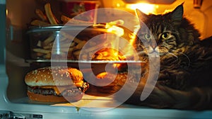 Greasy hamburger feast, fat cat lurking, midnight snack, soft fridge light, candid capture , photographic style