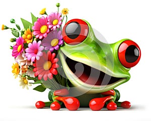 great 3d illustration of a funny red eyed tree frog with a bunch of flowers