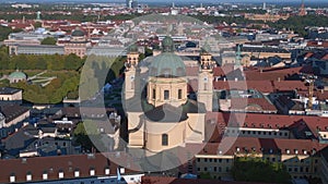 Great aerial top view flight Summer City Munich Theatiner Church old town drone