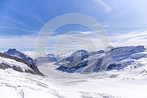 Great Aletsch glacier and Bernese Alps and jungfrau snow mountain peak  with blue sky background view from Jungfraujoch top of