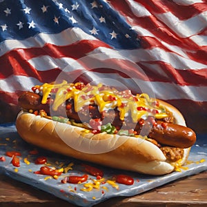 The Great American Hot Dog Oil Painting on an American Flag
