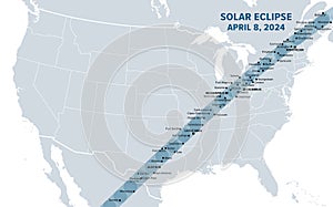 Great American Total Solar Eclipse of April 8, 2024. map with path of totality