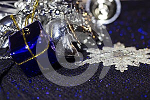 Great background. Christmas blue and silver decorations: gifts, badges and more