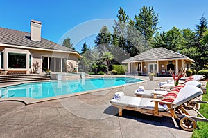 Great backyard with swimming pool. American Suburban luxury house