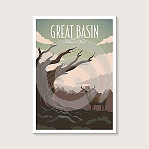 Great Basin National Park poster illustration, deer elk old big tree poster