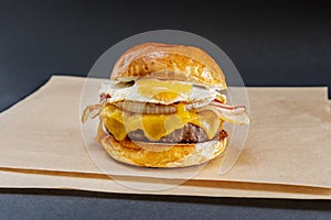 Great Beef Burger on Shiny Bun with Fried Egg, Sliced Bacon, Melted Dripping Cheddar Cheese, Sliced Cooked White Onion