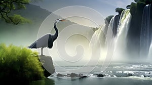 Great Blue Heron in front of Iguazu Falls, Argentina