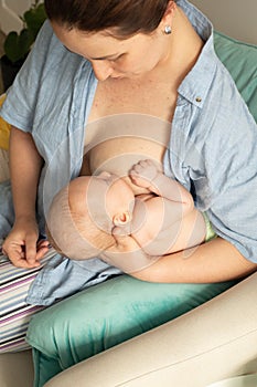 Great Breastfeeding Position - foodball hold, mother and baby