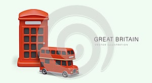 Great Britain concept in 3D cartoon style. Red phone booth, double decker bus