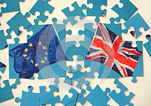 Puzzle with Great Britain and European Union flags. Brexit concept