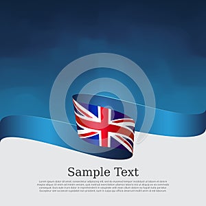 Great Britain flag background. Wavy ribbon color flag of great britain on a blue white background. Poster of the united kingdom