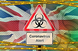 Great britain flag and Covid-19 biohazard symbol with quarantine orange tape. Coronavirus or 2019-nCov virus concept