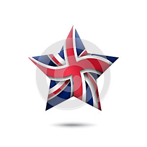 Great Britain flag icon in the shape of star. Waving in the wind. Abstract flag of united kingdom. UK pattern. Paper cut style