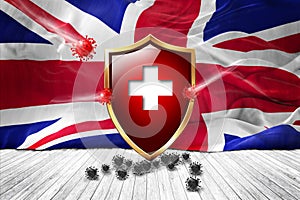 Great Britain flag with Metal Shiny red shield. virus protection, hygiene shield. virus Vaccine Protection aganst coronavirus,