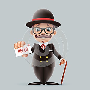 Great britain gentleman businessman cartoon character call card bowler hat suit business english 3d isolated design