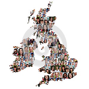 Great Britain and Ireland map multicultural group of young peopl