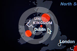 Great Britain, Ireland, United Kingdom. Coronavirus COVID-19 global cases Map. Red Dot showing the number of infected. Johns