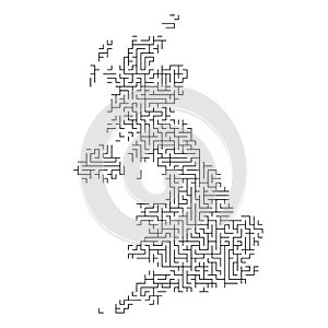 Great Britain map from black pattern of the maze grid. Vector illustration