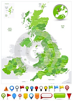 Great Britain Map Spot Green Colors and glossy icons