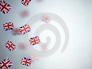 Great Britain, national holiday country. Mini flags on a transparent foggy background. concept patriotism, pride and