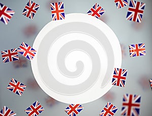 Great Britain, national holiday country. Mini flags on a transparent foggy background. concept patriotism, pride and