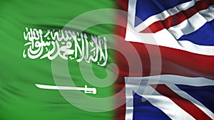 Great Britain and Saudi Arabia politicians exchanging top secret envelope, flags