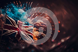 Great Britain Union Jack flag on night sky background with copy space and with fireworks. Generative ai