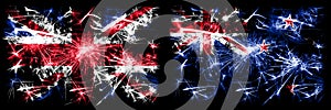 Great Britain, United Kingdom vs New Zealand, New Zealander New Year celebration travel sparkling fireworks flags concept