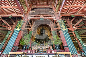 The great Buddha (Daibutsu) at Daibutsuden Hall in Todai-ji Temple. The biggest wooden structure in the world