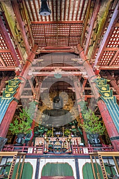 The great Buddha (Daibutsu) at Daibutsuden Hall in Todai-ji Temple. The biggest wooden structure in the world