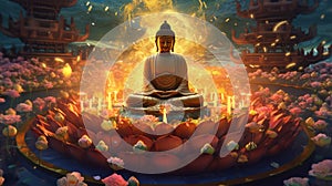 the great buddha sakyamuni in buddhism stands on a golden lotus generative AI