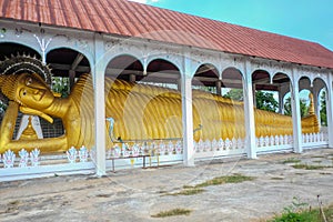 Great buddha Sleeping post in Temple of Sangkhla Buri District k