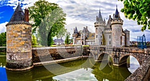 Great castle Sully-sul-Loire. famous Loire valley river in Franc