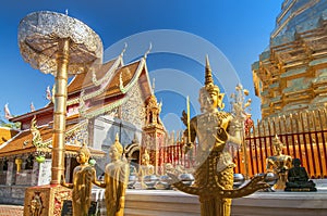 Great chedi and umbrella at Wat Phra That Doi Suthep in the capital city of Chiang Mai in Chiang Mai Province Thailand