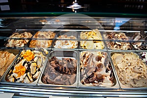 Great choice of ice cream. Italian gelateria. Ice-cream cafe, show window