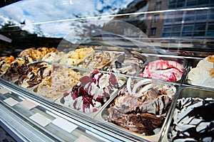 Great choice of ice cream. Italian gelateria. Ice-cream cafe, show window