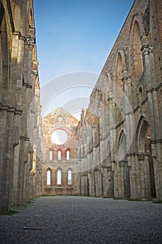 The great Circestan Abbey of San Galgano in Tuscany, Italy