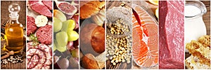 Great collage with food. Fresh diverse food close-up.
