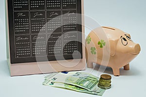 Great concept of economy, calendar, piggy bank, Euro money notes