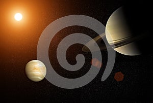 Great Conjunction: Venus and Saturn. Venus and Saturn meet in the space solar system. Elements of this image furnished by NASA